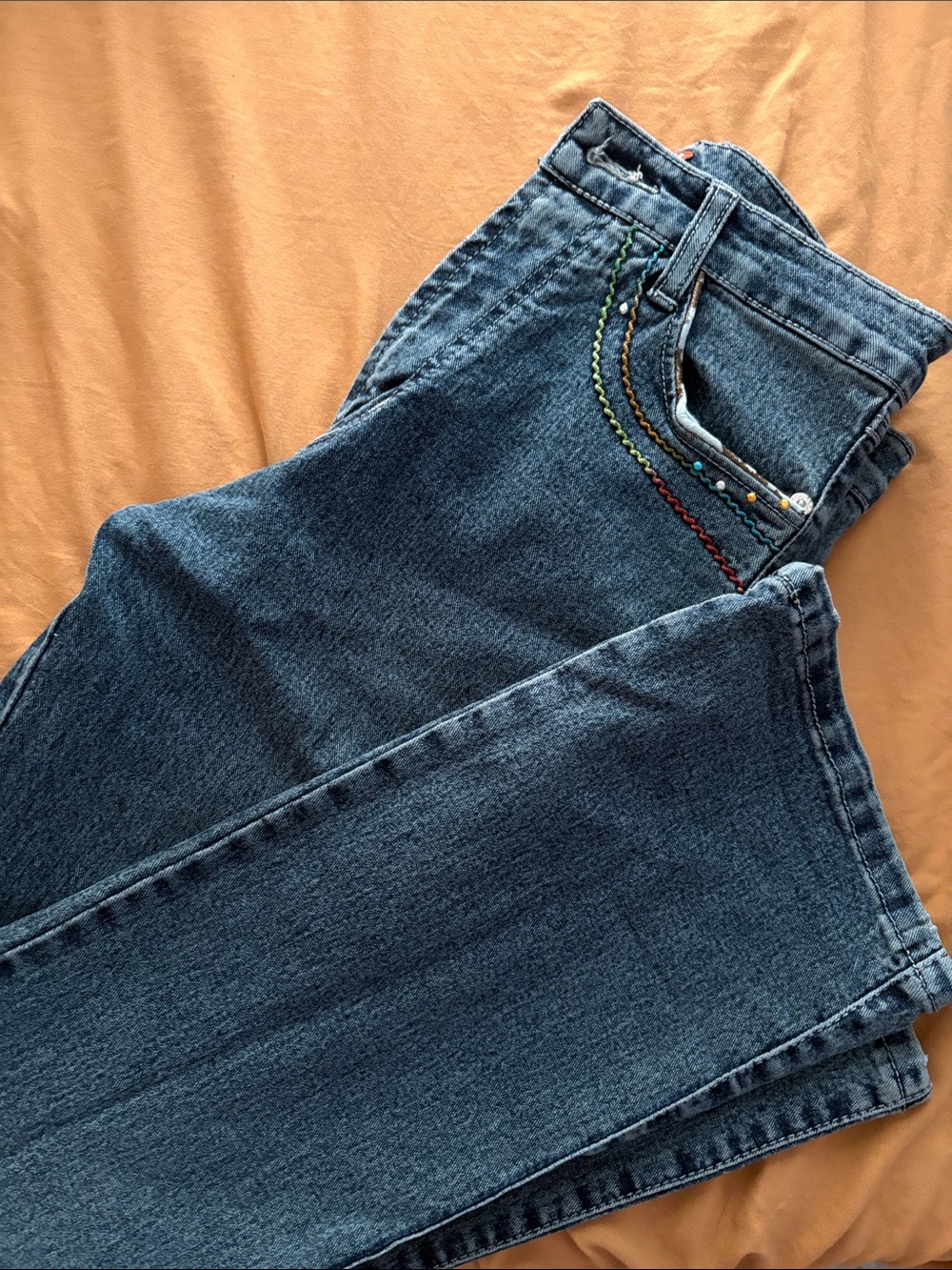 Women's Straight Leg Dark Blue Jeans with Multicolor Accent